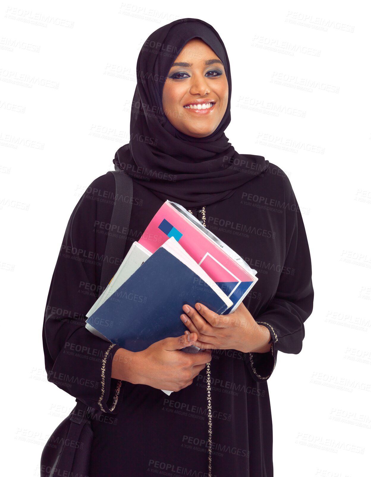 Buy stock photo Muslim, woman and books in portrait for education, study and smile for religion by transparent png background. Isolated islamic model, girl and notebook for learning, studying and happiness in hijab