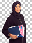 Books, portrait and muslim student in education, learning and university. International college, culture and islam woman with notebook, study religion or faith in isolated on a png background