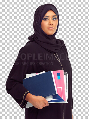 Buy stock photo Books, portrait and muslim woman isolated on transparent, png background for study, education and culture learning. Arabic student or islamic person in hijab with research or knowledge on religion