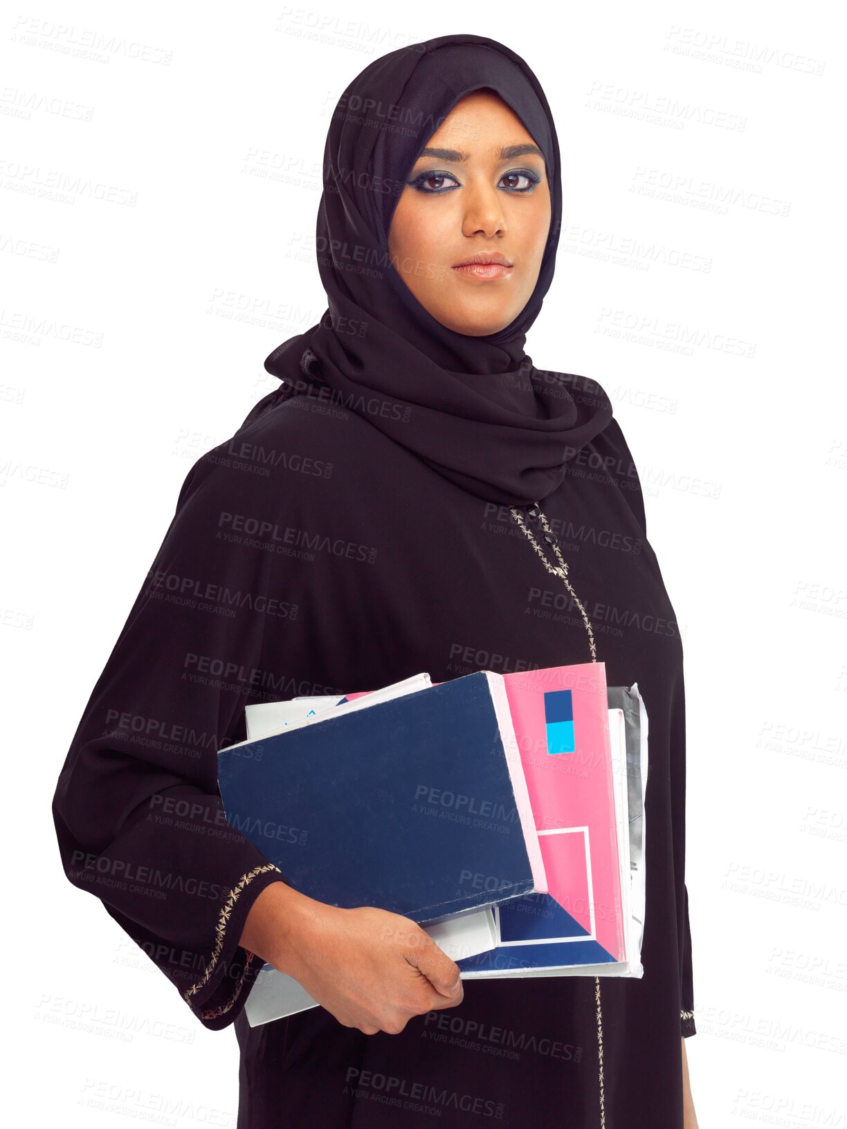 Buy stock photo Books, portrait and muslim woman isolated on transparent, png background for study, education and culture learning. Arabic student or islamic person in hijab with research or knowledge on religion