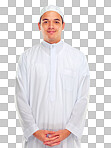 A Portrait, muslim and faith with an islamic man for religion, belief in god or devotion. Eid, worship and ramadan with a male arab fasting in holy tradition or culture isolated on a png background