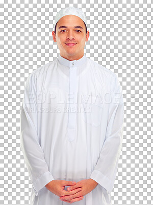 Buy stock photo Fashion, portrait and muslim man in traditional clothing on isolated, transparent and png background. Islam, tradition and face of male, posing and in fez for mosque, eid and ramadan or islamic event