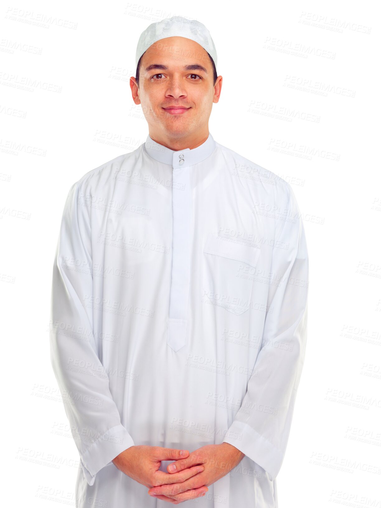 Buy stock photo Fashion, portrait and muslim man in traditional clothing on isolated, transparent and png background. Islam, tradition and face of male, posing and in fez for mosque, eid and ramadan or islamic event