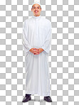 A Islamic man, religion fashion and standing for worship, prayer or spiritual happiness. Arabic person, smile and happy respect for muslim culture or clothes isolated on a png background