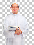 A Islamic man, smile portrait and books for learning standing for Arabic culture. Young person, smile and religion faith, hope or studying for Muslim education isolated on a png background