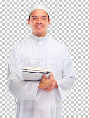 Buy stock photo Education, Muslim and portrait of man with books on isolated, png and transparent background. University student, college and Islamic male person with textbooks for knowledge, studying and learning