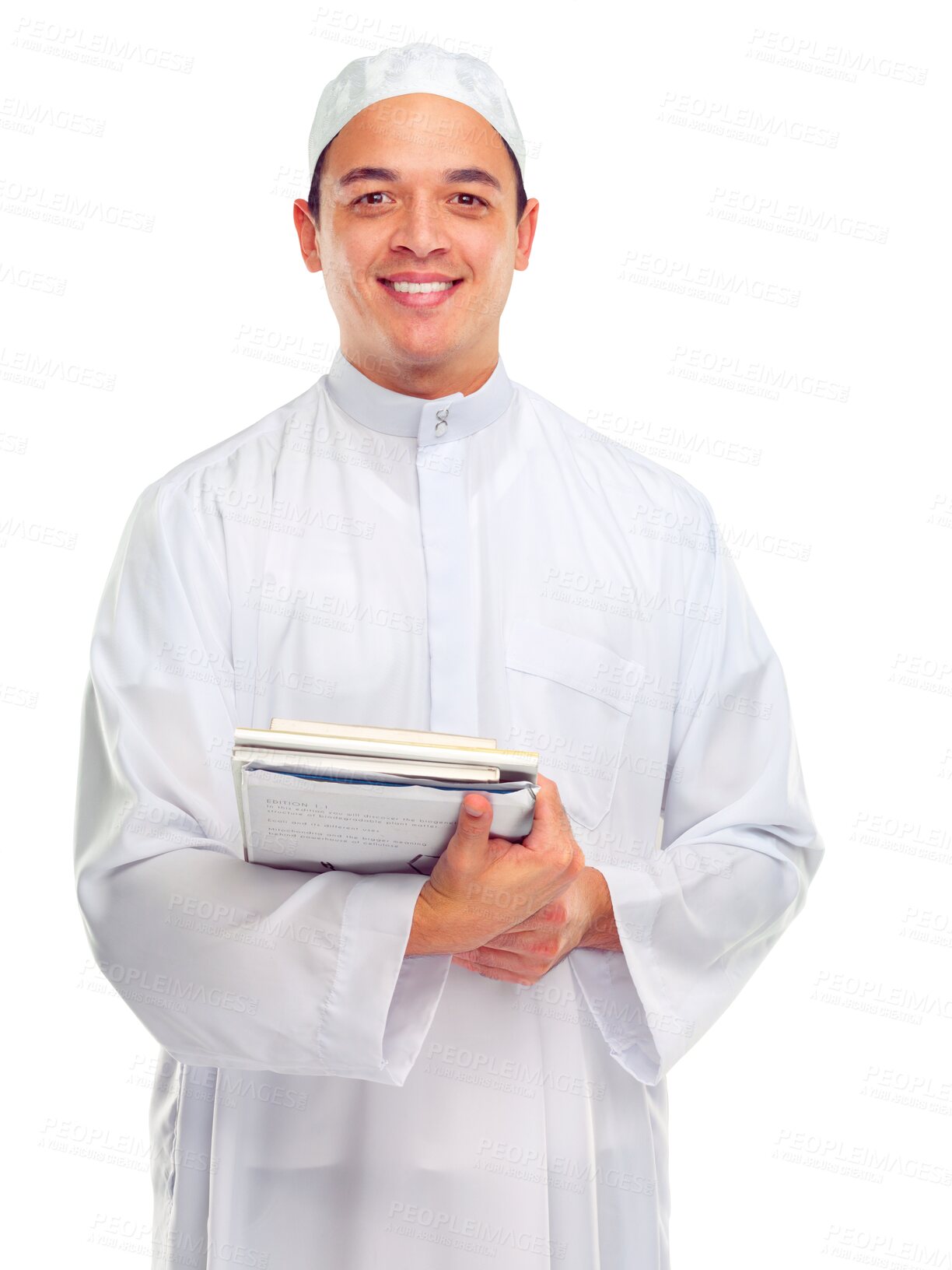 Buy stock photo Education, Muslim and portrait of man with books on isolated, png and transparent background. University student, college and Islamic male person with textbooks for knowledge, studying and learning