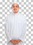 Portrait, islam and religion with a muslim man in studio isolated on a png background for faith, belief in god or devotion. Eid, worship and ramadan with a male arab fasting in holy tradition or culture