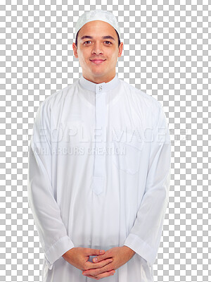 Buy stock photo Portrait, fashion and muslim man in traditional clothing on isolated, transparent and png background. Islam, tradition and face of male, modern and posing for mosque, eid or ramadan and islamic event