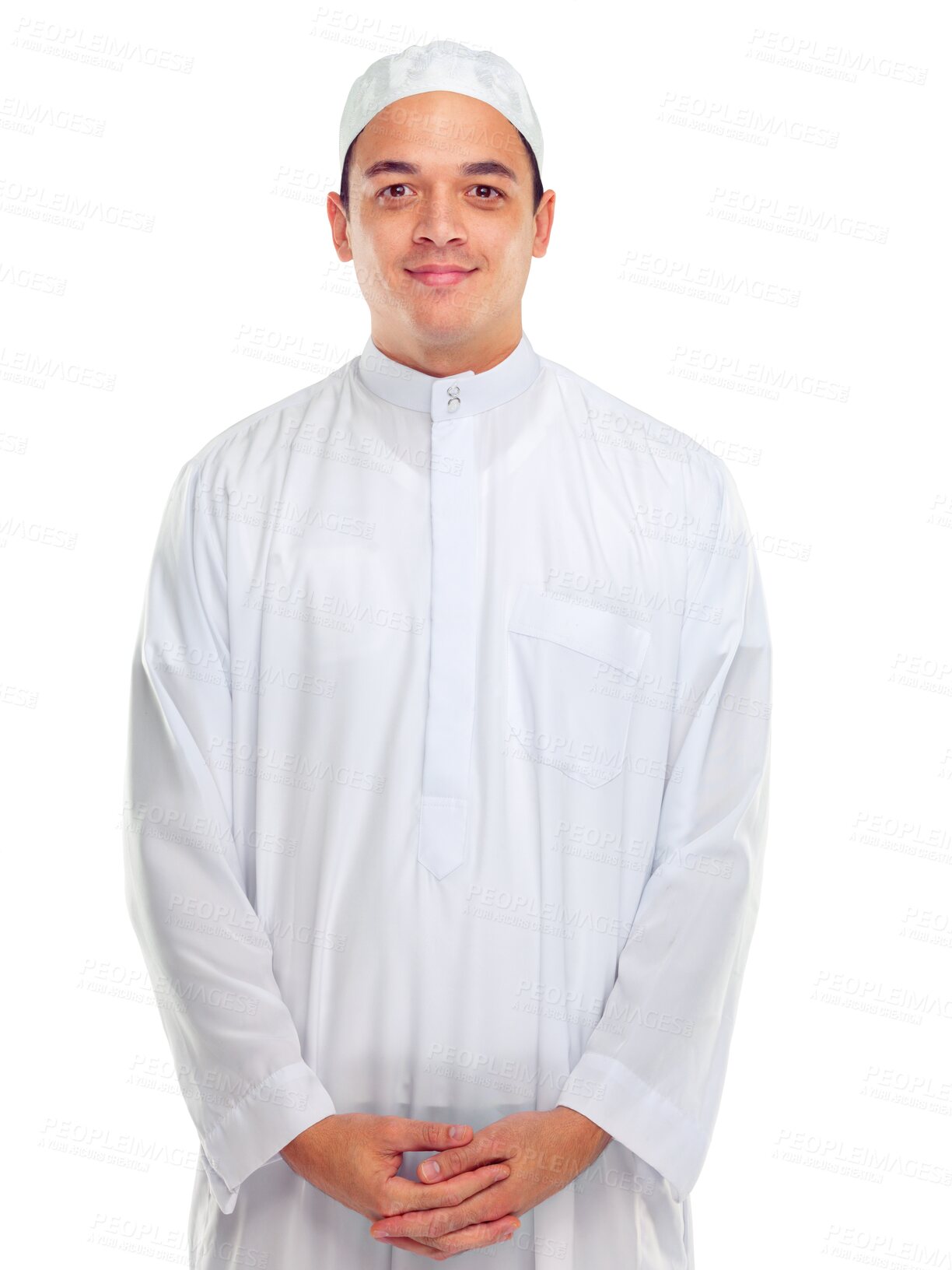 Buy stock photo Portrait, fashion and muslim man in traditional clothing on isolated, transparent and png background. Islam, tradition and face of male, modern and posing for mosque, eid or ramadan and islamic event