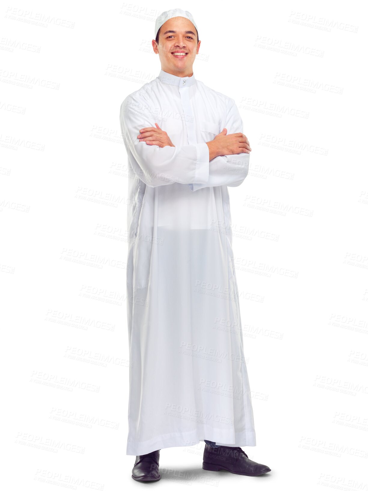 Buy stock photo Happy, smile and portrait of muslim man with islamic fashion for religion or Arabic culture. Young, spiritual and male with faith, worship or religious mindset isolated by transparent png background.
