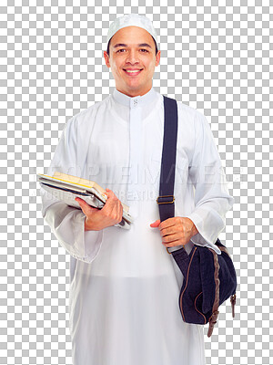 Buy stock photo Education, books and portrait of Muslim man on isolated, png and transparent background. University student, religious studies and male person with textbooks for knowledge, studying and learning