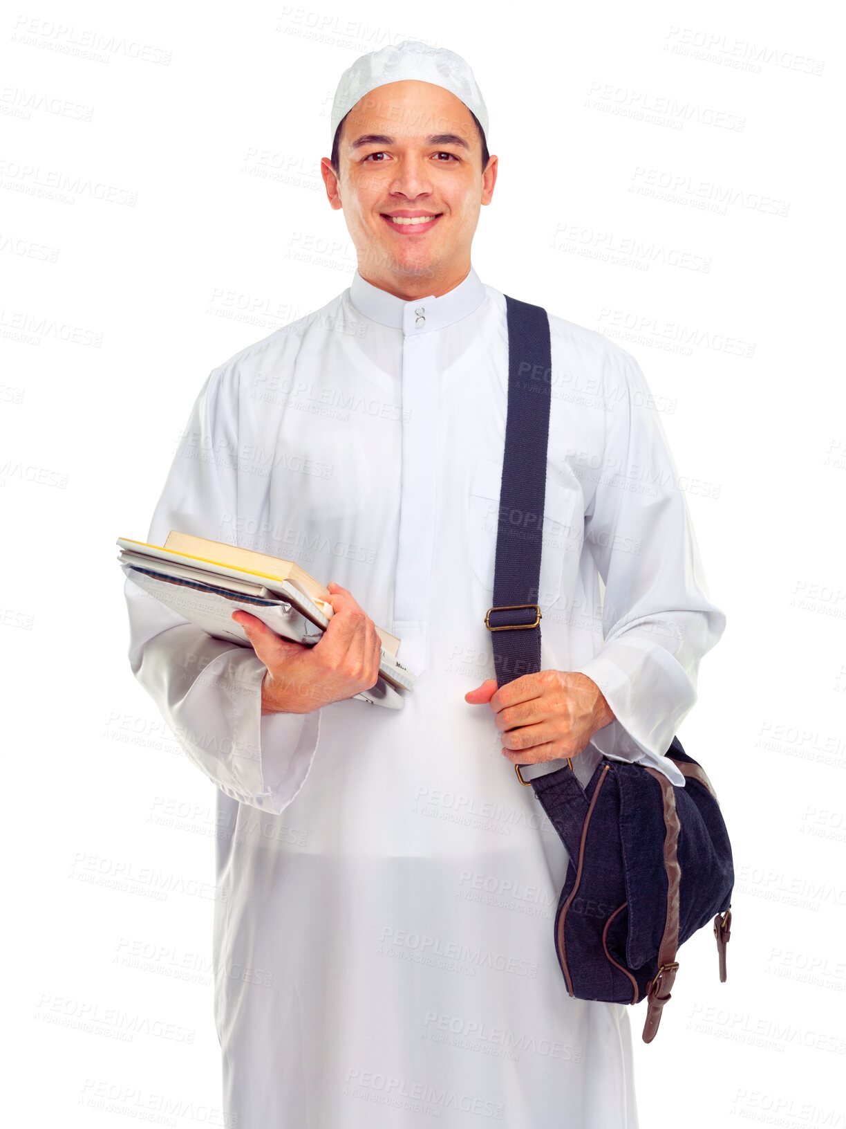 Buy stock photo Education, books and portrait of Muslim man on isolated, png and transparent background. University student, religious studies and male person with textbooks for knowledge, studying and learning