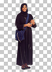 A Muslim student, woman in hijab and Islamic education with books and bag in portrait. Learning, Islam with scholarship and college student, academic mockup and studying isolated on a png background