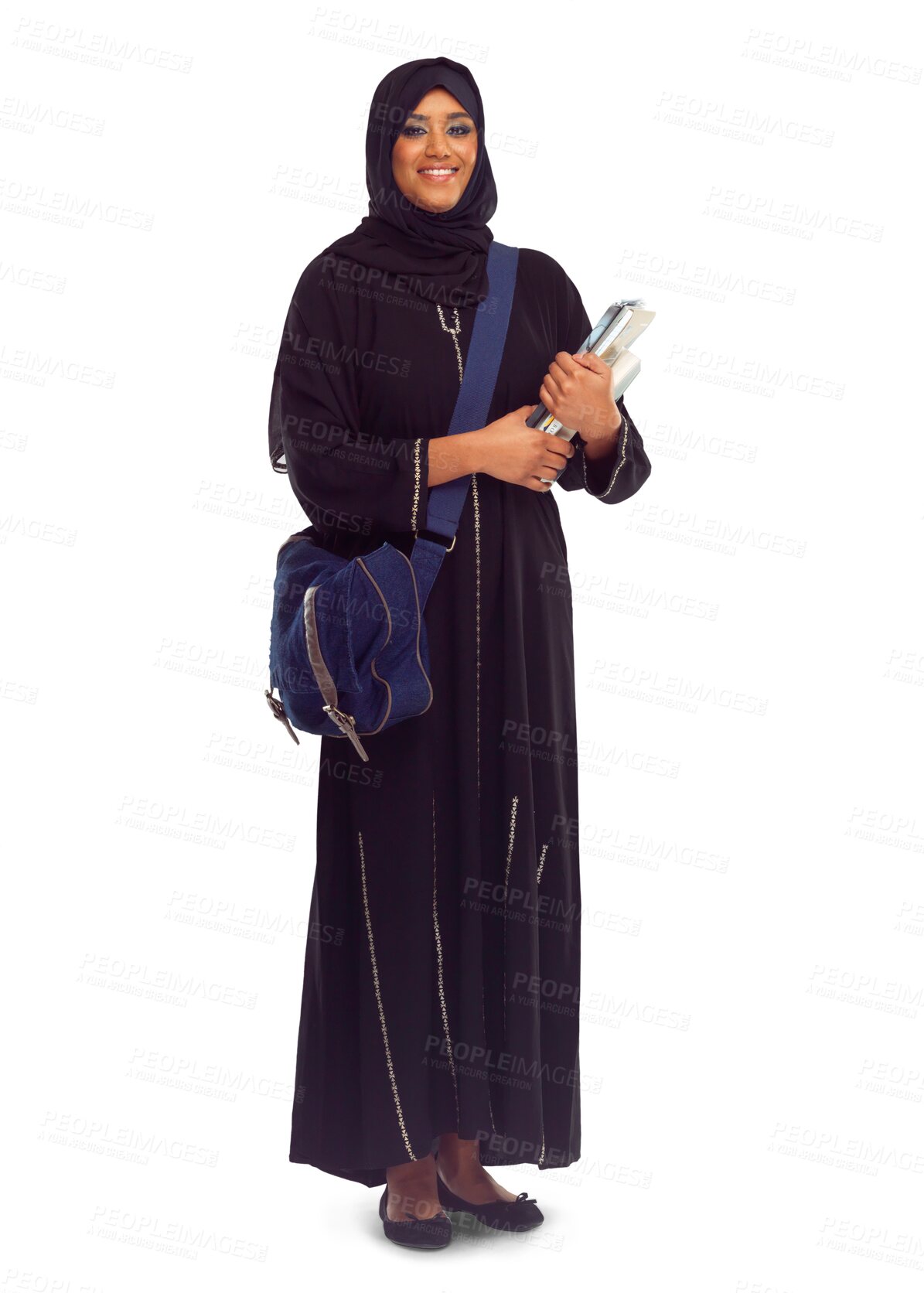 Buy stock photo Education, books and portrait of Muslim woman with bag on isolated, png and transparent background. University, learning and female student with textbooks for knowledge, studying and college lesson