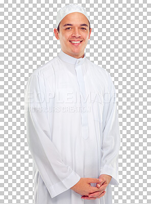 Buy stock photo Happy, ramadan and portrait of muslim person in islamic fashion for religion or Arabic culture. Young, spiritual and man with faith, worship or holy mindset isolated by a transparent png background.