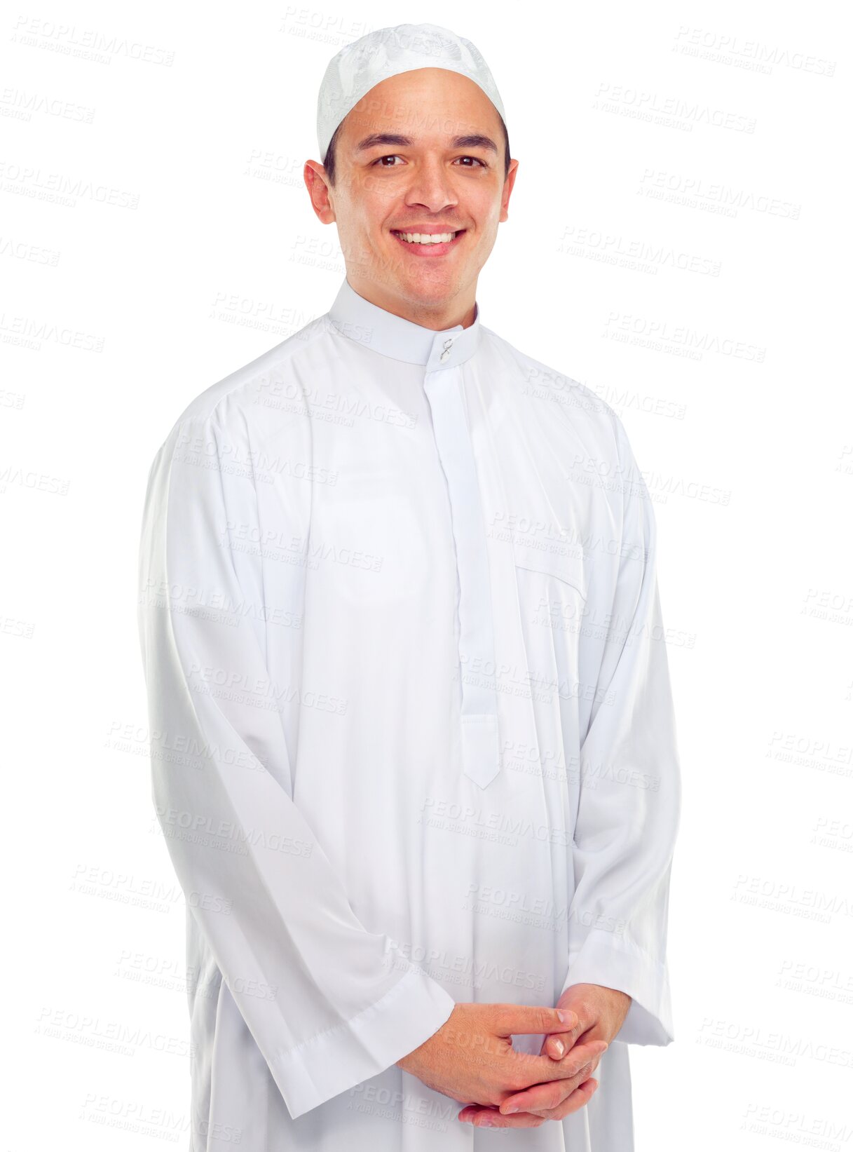 Buy stock photo Happy, ramadan and portrait of muslim person in islamic fashion for religion or Arabic culture. Young, spiritual and man with faith, worship or holy mindset isolated by a transparent png background.