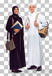 Portrait, smile and Arabic students with education, knowledge and people isolated on white isolated on a png background. Islamic, man and woman in traditional clothes, learning or confident with books and smile