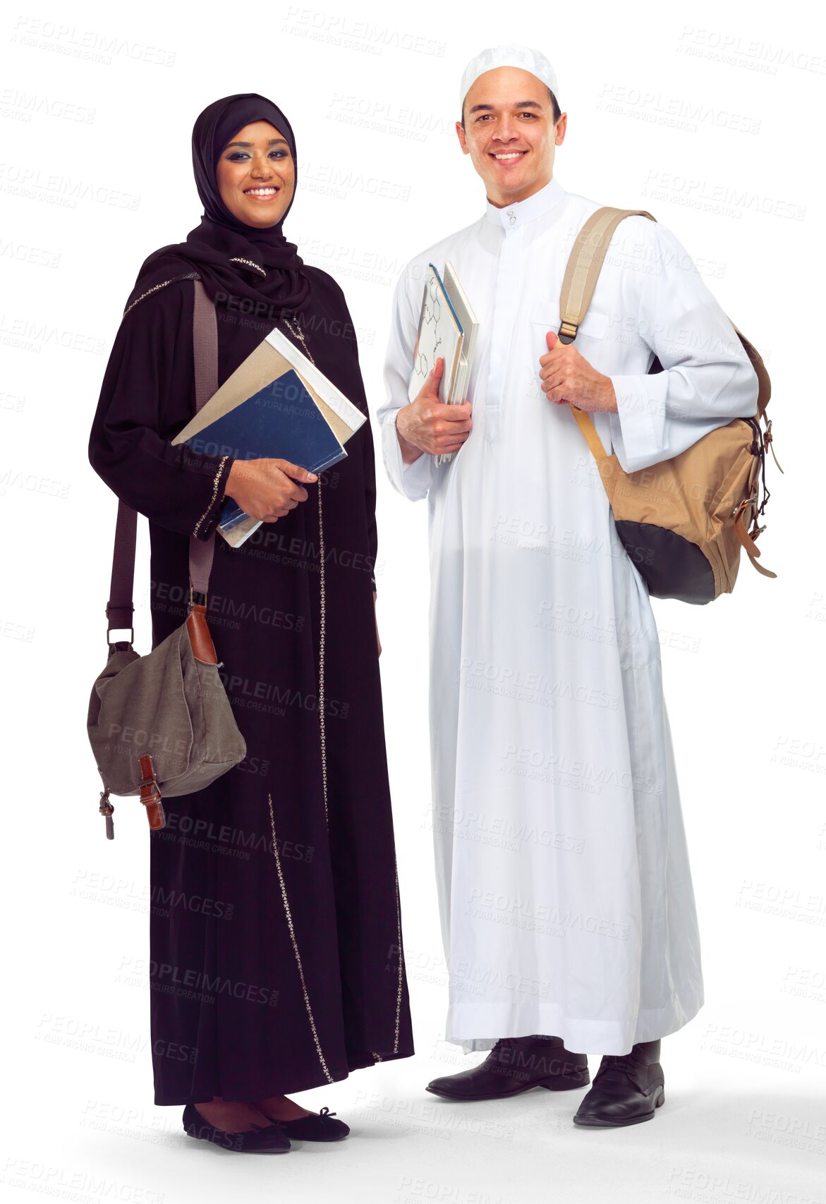 Buy stock photo Friends, education and portrait of Muslim woman and man on isolated, png and transparent background. University, learning and happy students with textbooks for knowledge, studying and college lesson