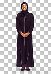 Fashion, portrait and muslim woman in studio with traditional, religious and modern dress. Religion, hijab and islam female model in islamic culture outfit and headscarf isolated on a png background