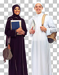 A Portrait, happy and Arabic students with books, learning and friends. Islamic, man and woman in traditional clothes, studying and education for knowledge or growth isolated on a png background