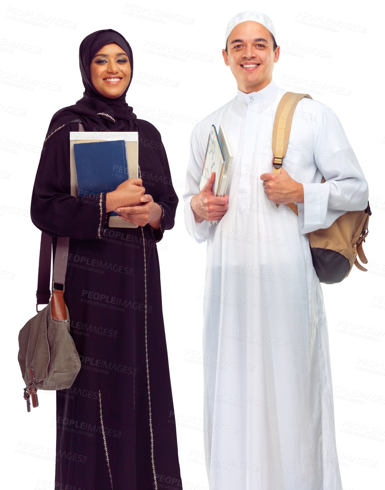 Buy stock photo Education, Muslim and portrait of man and woman on isolated, png and transparent background. University, learning and happy Islamic friends with textbooks for knowledge, studying and college lesson