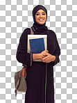 Portrait, muslim and education with a student woman holding books in studio isolated on a png background for learning. Islam, university and study with an islamic female at college to study on a scholarship