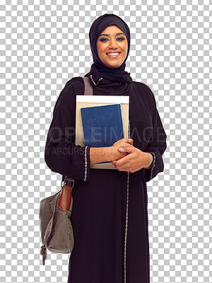 Buy stock photo Education, books and portrait of happy Muslim woman on isolated, png and transparent background. University, learning and Islamic female student with textbooks for knowledge, studying and lesson