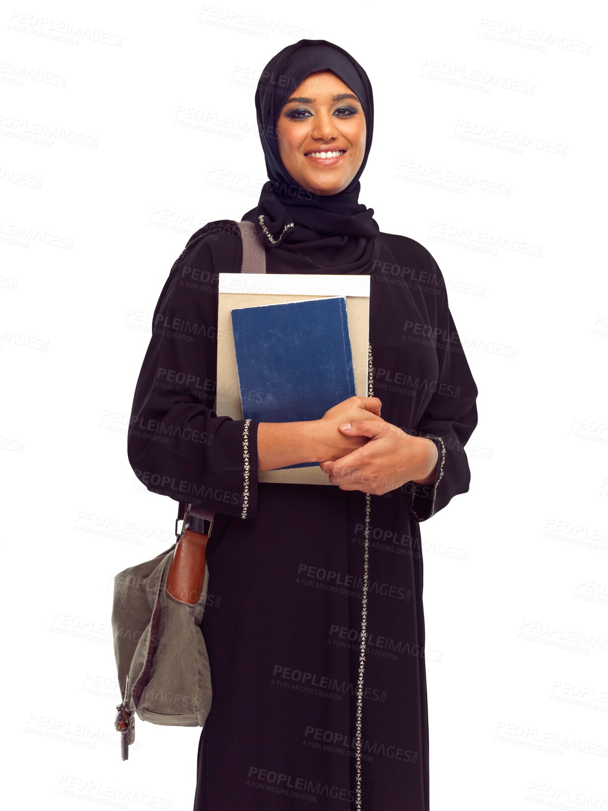 Buy stock photo Education, books and portrait of happy Muslim woman on isolated, png and transparent background. University, learning and Islamic female student with textbooks for knowledge, studying and lesson