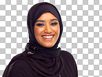 A Portrait, islamic and beauty with a woman  for holy religion or belief in god. Face, skincare and makeup with a muslim female model wearing a traditional hijab isolated on a png background