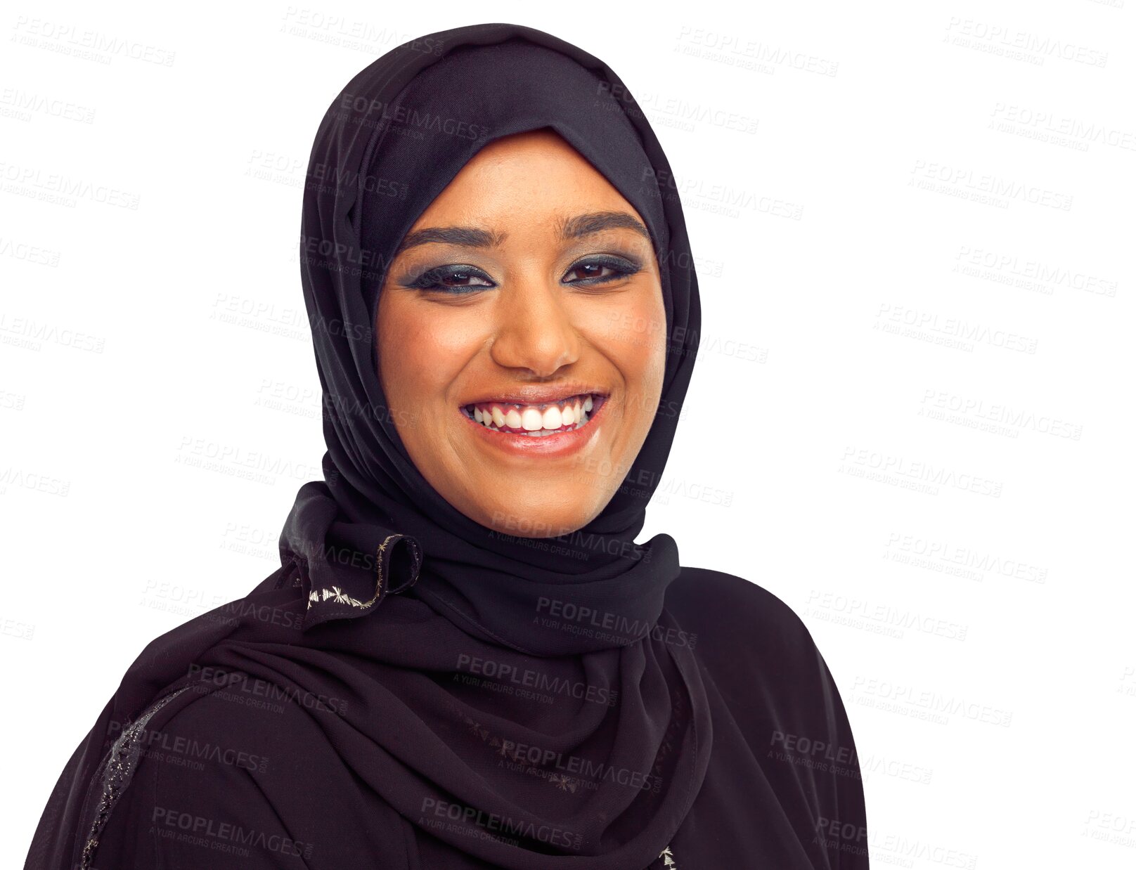 Buy stock photo Muslim, woman and headshot portrait for beauty, cosmetics or religion by transparent png background. Isolated islamic model, girl and makeup for empowerment, ramadan celebration or happiness in hijab