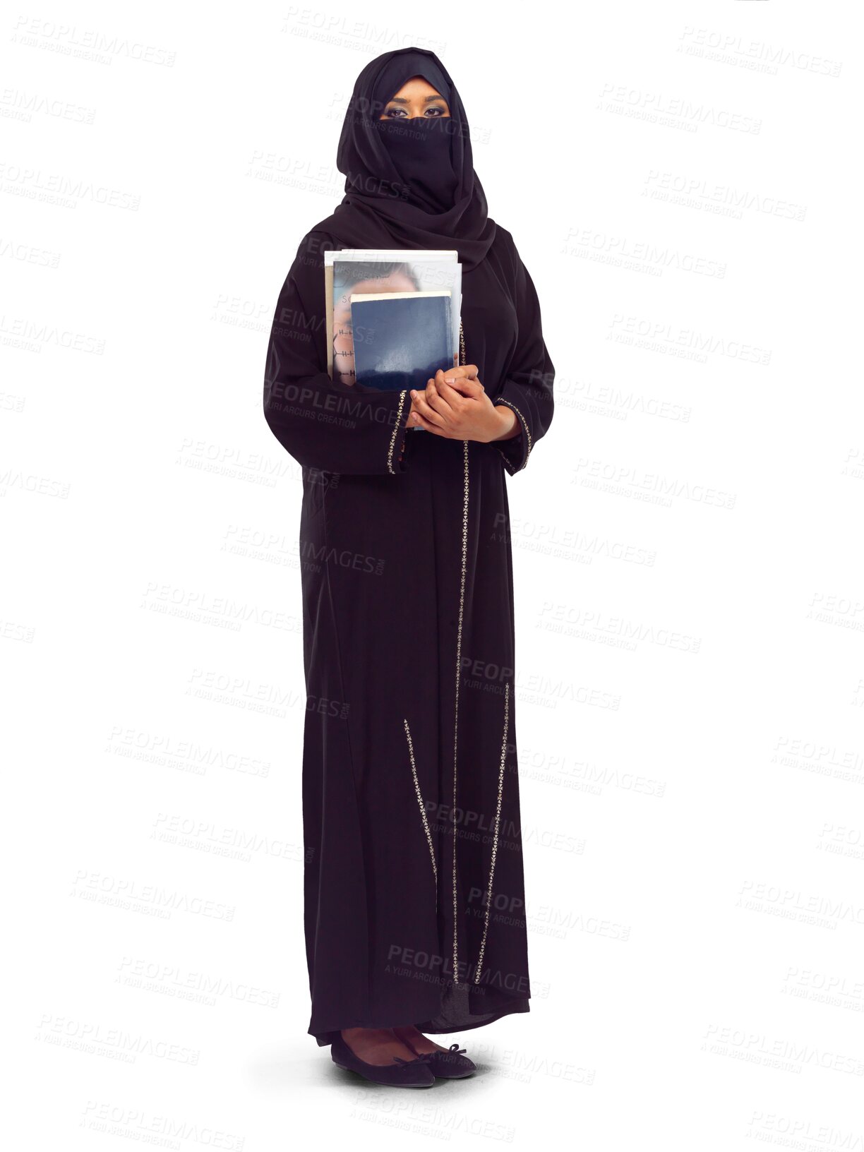 Buy stock photo Education, university and Muslim woman in hijab with books on isolated, png and transparent background. College, learning and Arabic female student with textbooks for knowledge, studying and lesson