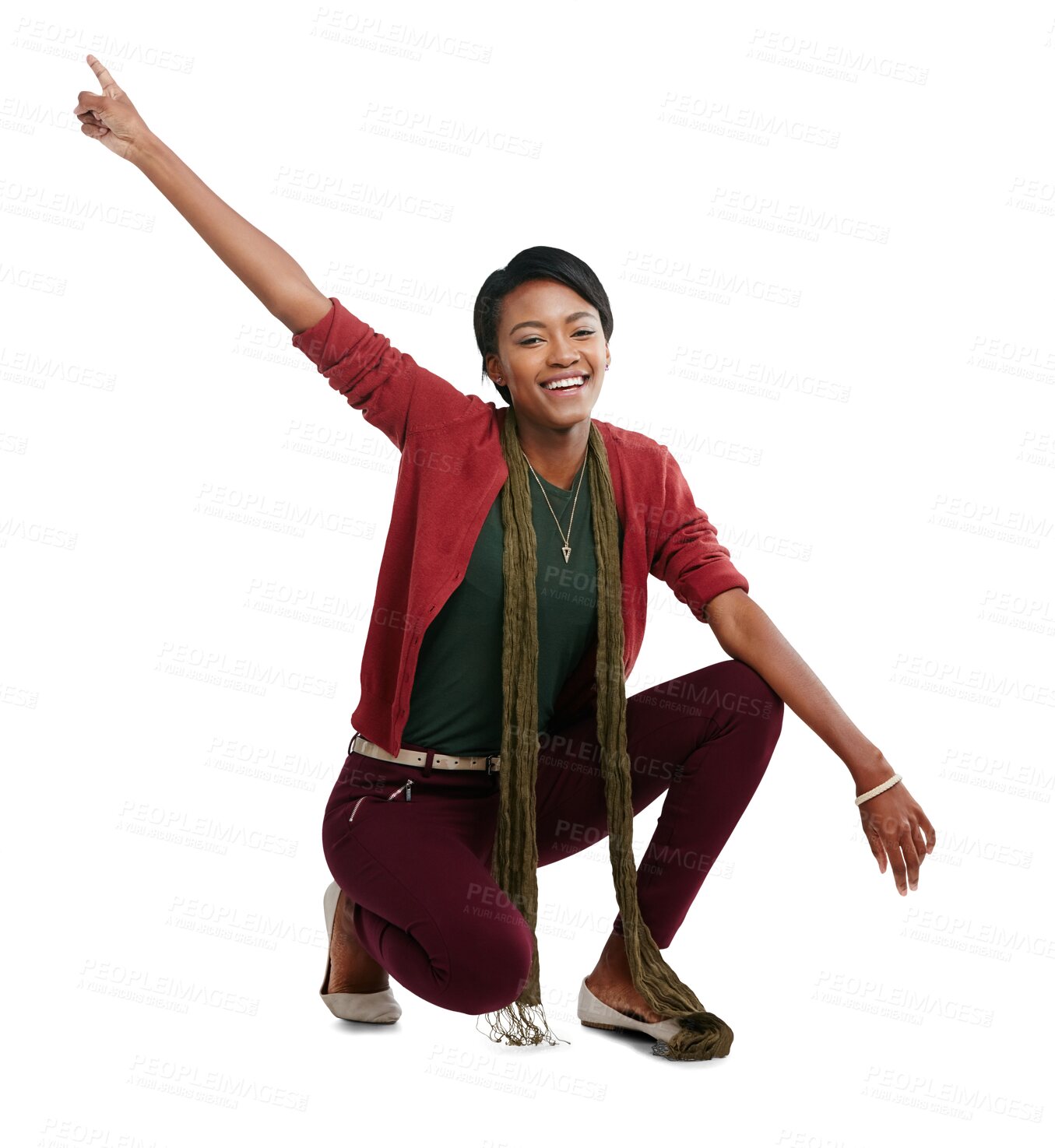 Buy stock photo Black woman, portrait and pointing dance with smile, trendy fashion and happy by png background. Isolated model, comic girl and dancing with happiness, confidence and excited face with edgy clothes