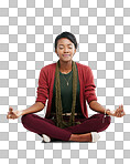 A Black woman, sitting and hands in meditation, zen mindset training and mental health wellness. Happy, model and yogi and peace, calm and relax mudra on floor chakra yoga isolated on a png background