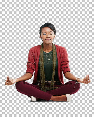 Buy stock photo Relax, student and meditation with black woman on png background for mental health, peace and yoga. Calm, focus and spiritual with female isolated on transparent for mindfulness, zen and mindset