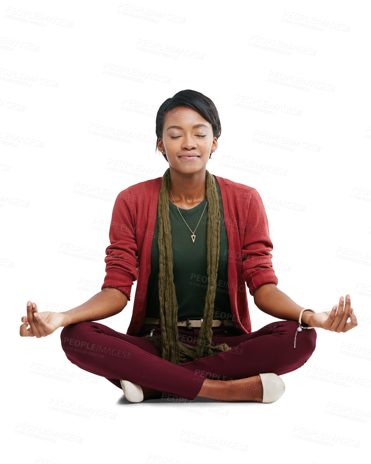 Buy stock photo Relax, student and meditation with black woman on png background for mental health, peace and yoga. Calm, focus and spiritual with female isolated on transparent for mindfulness, zen and mindset