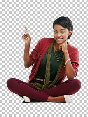 Buy stock photo Black woman, happy and pointing hand portrait for relax sitting and showing advertisement. African female person, smile and point for idea on the floor and isolated on a transparent png background