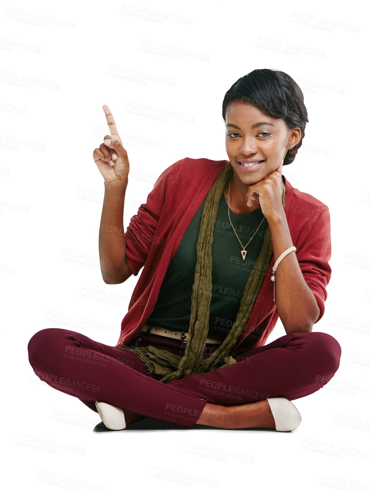 Buy stock photo Black woman, happy and pointing hand portrait for relax sitting and showing advertisement. African female person, smile and point for idea on the floor and isolated on a transparent png background