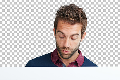 Buy stock photo Interested, thinking and wondering man on png background for ideas, news and notification. Announcement, curious and reading with male isolated on transparent for information, promotion and deal