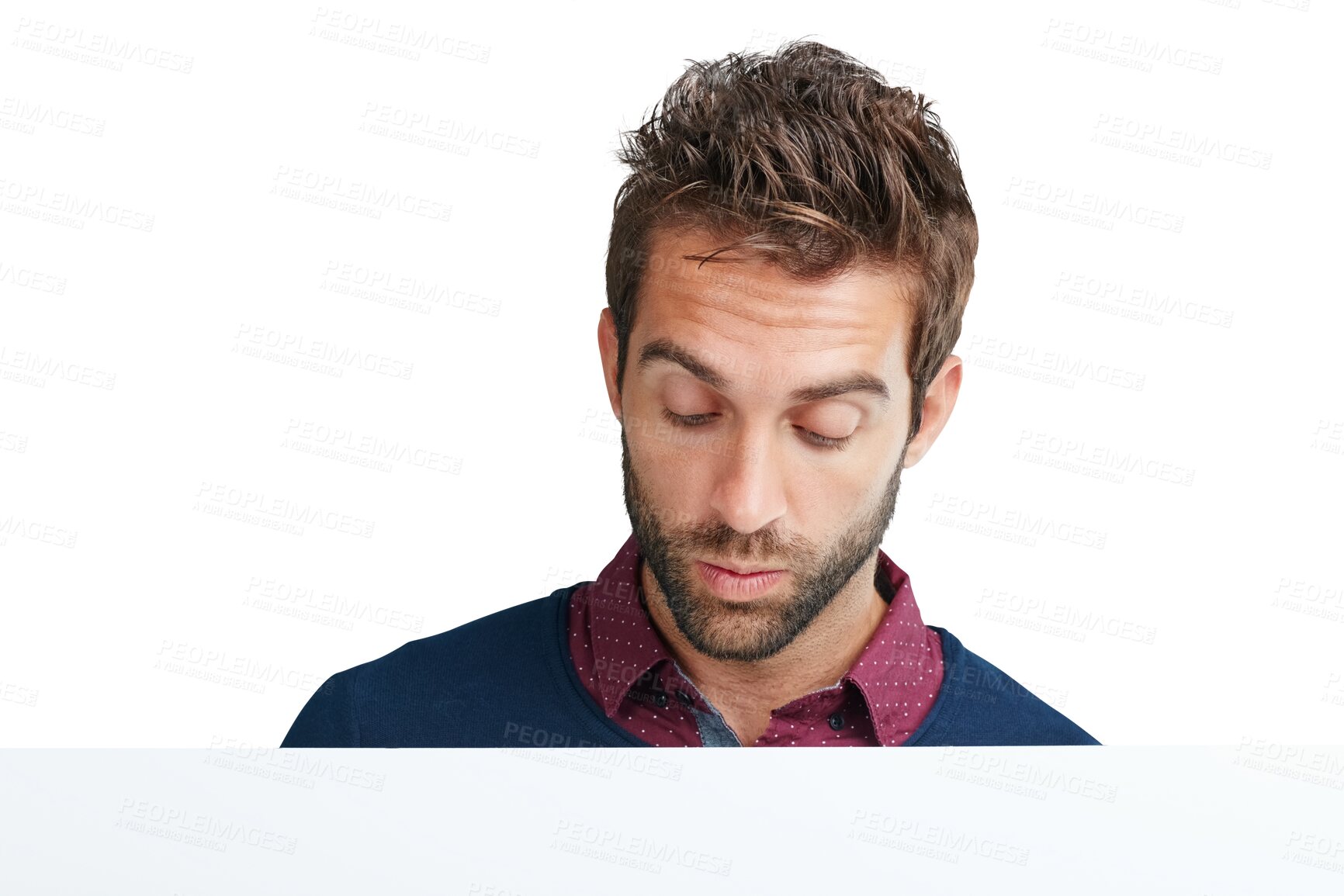 Buy stock photo Interested, thinking and wondering man on png background for ideas, news and notification. Announcement, curious and reading with male isolated on transparent for information, promotion and deal