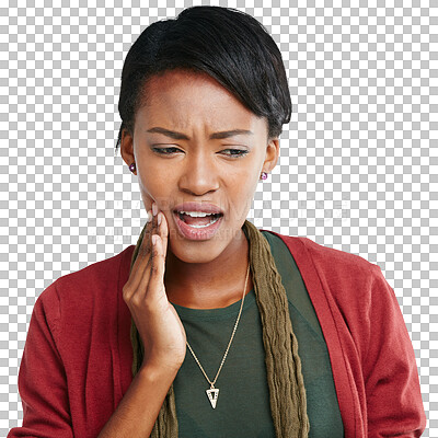 Buy stock photo Dental, toothache and face of black woman with pain on isolated, png and transparent background. Dentistry, oral healthcare and female person touch mouth for teeth decay, cavity and gum infection
