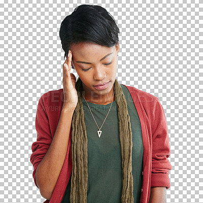 Buy stock photo Black woman, headache or stress with mental health, anxiety or thinking. Tired, burnout or migraine pain of African female person feeling worried or stressed isolated on a transparent, png background
