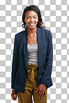 A Portrait, corporate or business woman happy and smiling. Confident, excited and calm African American employee or professional entrepreneur isolated on a png background