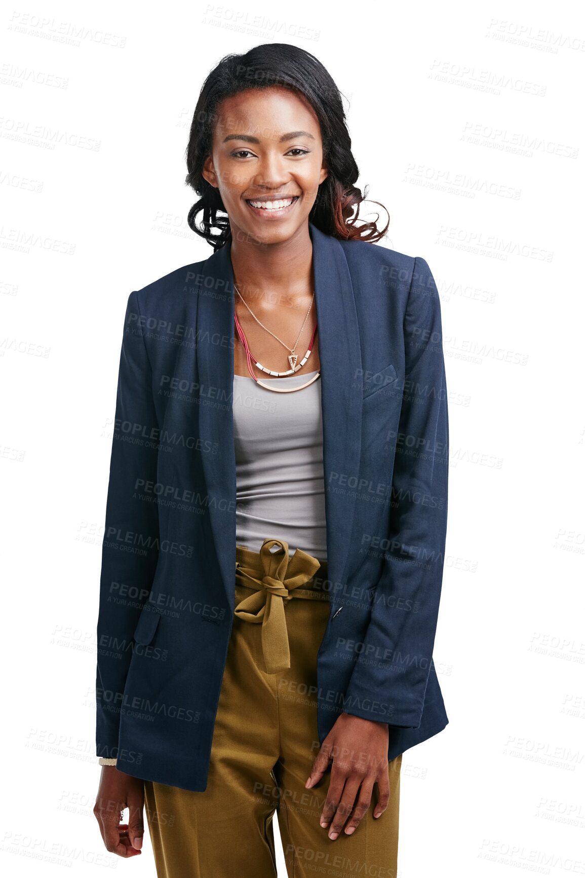 Buy stock photo Black woman, corporate portrait and business employee happy and smiling with modern style. Confident, proud and young African female worker and professional isolated on a transparent, png background