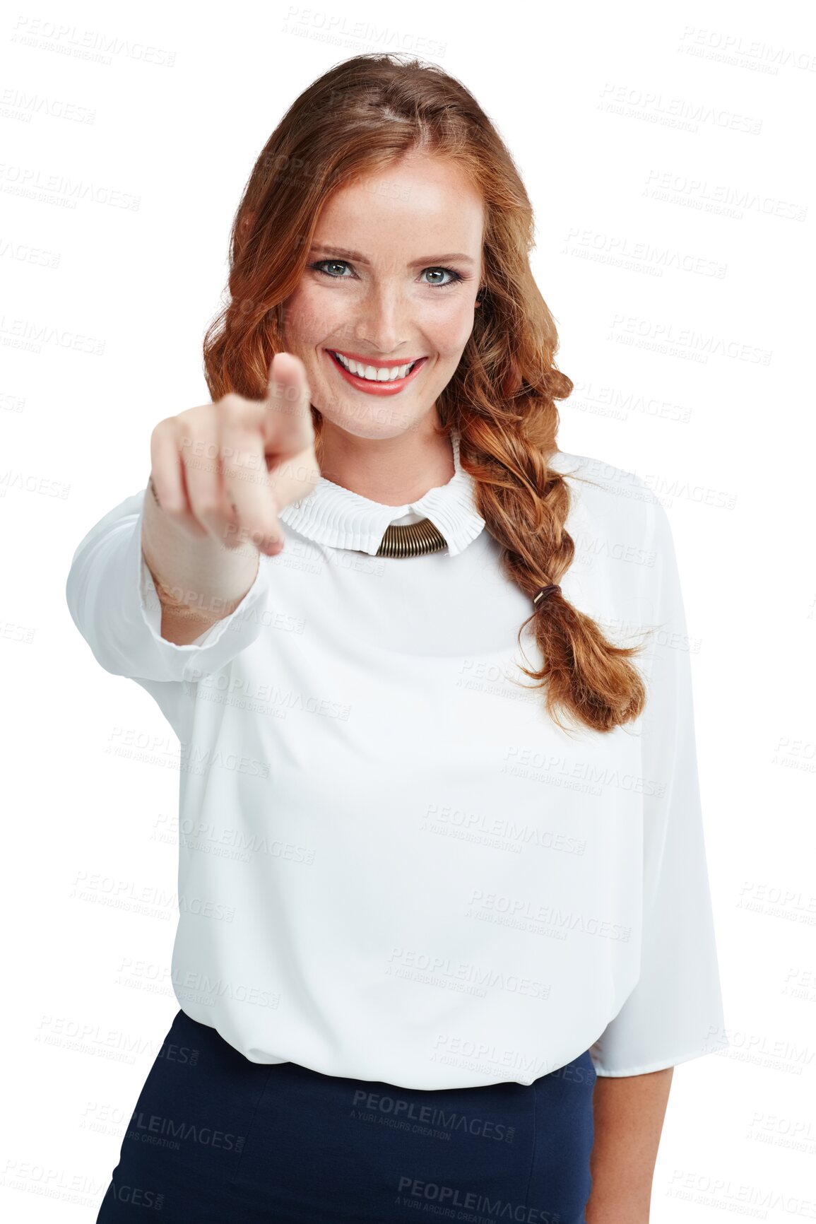 Buy stock photo Point, happy and portrait of business woman with hand gesture on png, isolated and transparent background. Pov, professional fashion and female worker pointing for motivation, decision and choice