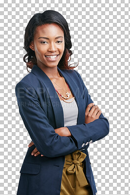 Buy stock photo Black woman, business portrait and arms crossed of employee happy with modern style. Confident, proud and young African female worker and professional isolated on a transparent, png background