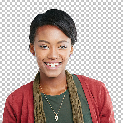 Buy stock photo Portrait, face and smile of black woman isolated on a transparent png background. Happy female person with confidence, happiness and good mood for fashionable style, clothes and pride of empowerment
