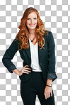 A Business woman, smile portrait and success motivation, positive mindset and happiness. Corporate ginger female, happy entrepreneur and leadership goals vision isolated on a png background