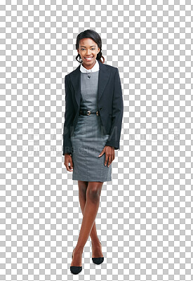 Buy stock photo Business woman, professional and portrait of a entrepreneur ready for work with corporate fashion. African female worker or employee with smile and happiness isolated on a transparent, png background