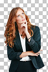Corporate, business and woman thinking, decision and girl. Female employee, entrepreneur and leader with idea, focus and concentration with wonder and thoughts isolated on a png background